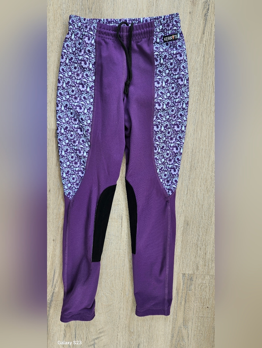 Kerrits Purple Kids Leggings with Patterned Side Panels and Black Knee Patch